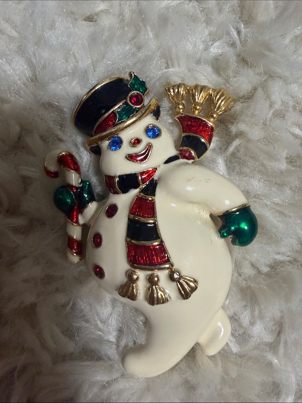 Bob Mackie Cream Snowman Brooch with Red, Green & Blue Accents